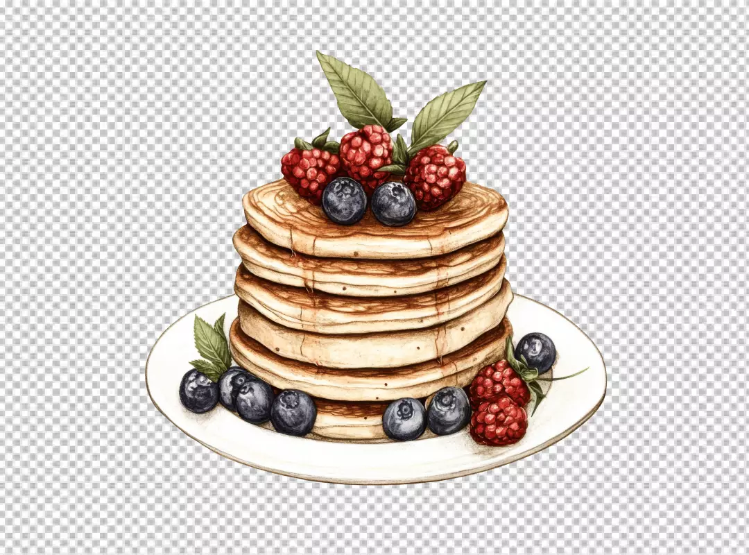 Delicious Watercolor Stack of Golden Pancakes with Fresh Blueberries and Raspberries
