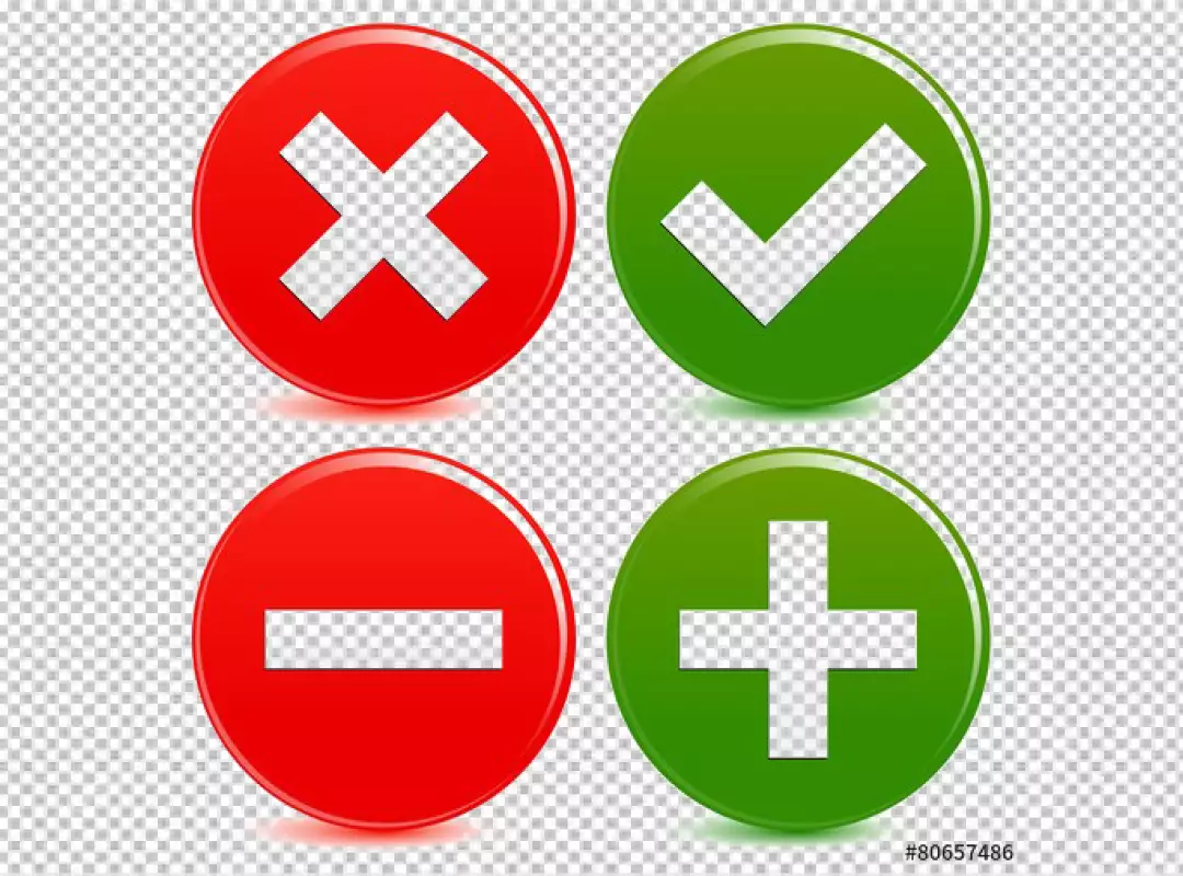 Free Premium PNG Set of Four Glossy Icons: Red Cancel, Checkmark, Minus, and Plus Symbols