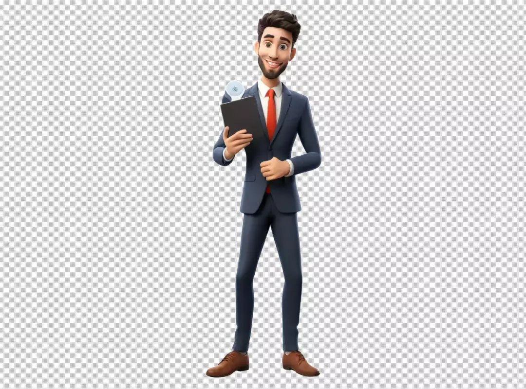 Smiling 3D Animated Businessman Presenting Innovative Idea on Digital Tablet