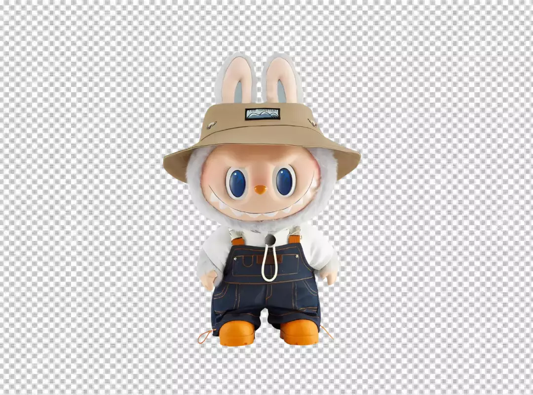 Whimsical Bunny-Eared Monster Toy in Denim Overalls and Bucket Hat