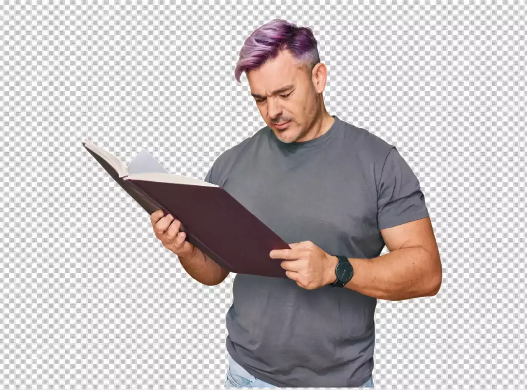 Concentrated Man with Purple and Grey Hair Intently Reading a Large Book