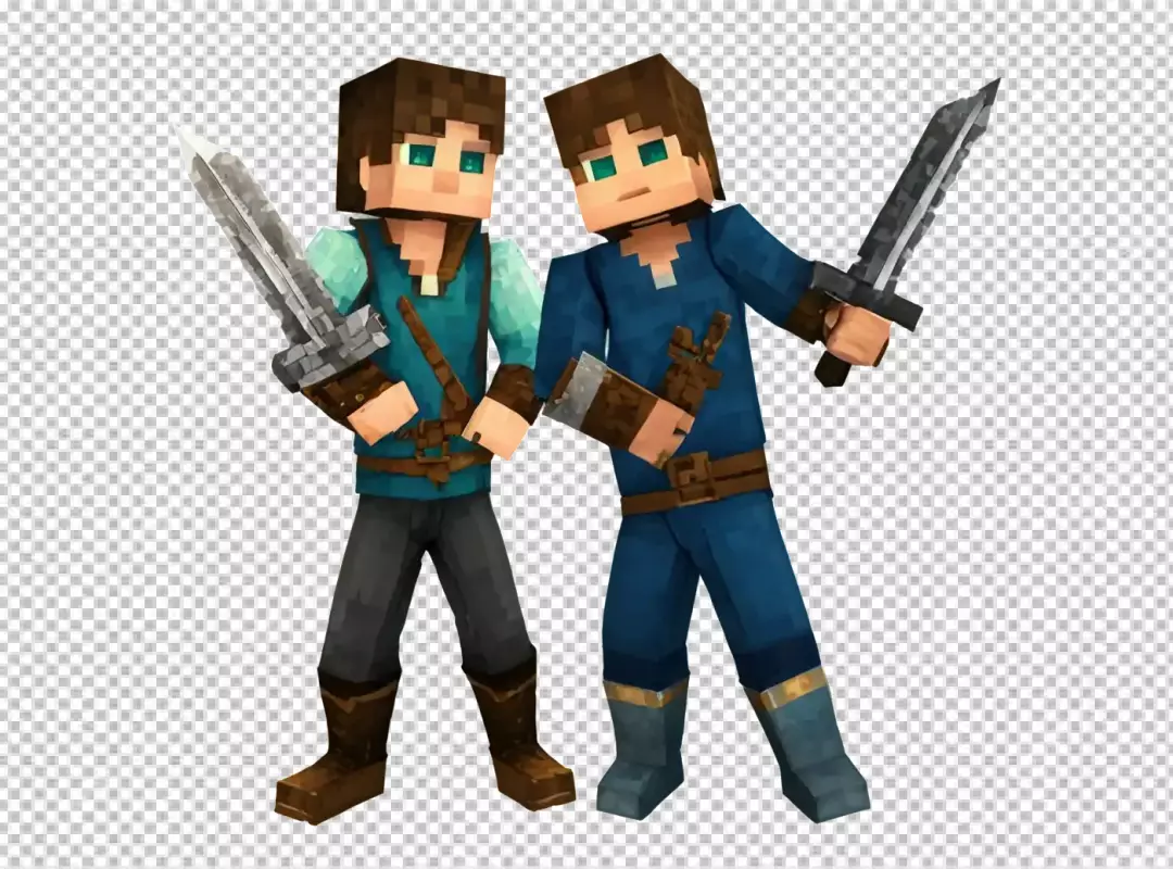 Minecraft-Inspired Blocky Adventurers with Swords on White Background