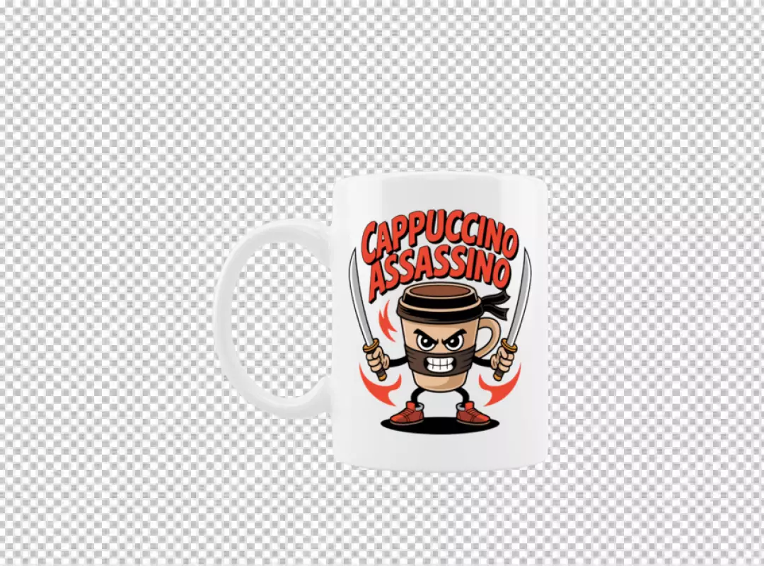 Humorous White Ceramic Coffee Mug with Cappuccino Assassin Character Design