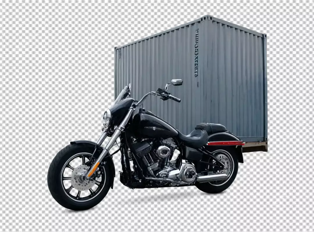 Sleek Black Cruiser Motorcycle with Chrome Accents Against Shipping Container