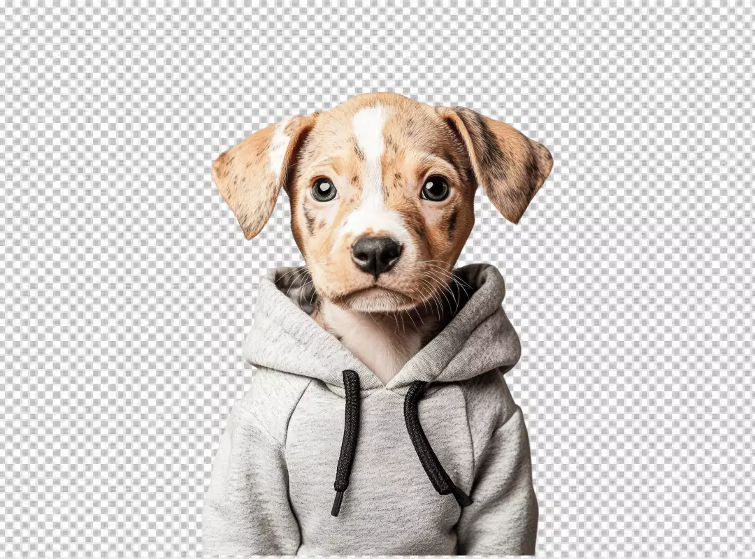 Adorable Puppy Wearing Grey Hoodie Looking Directly at Camera