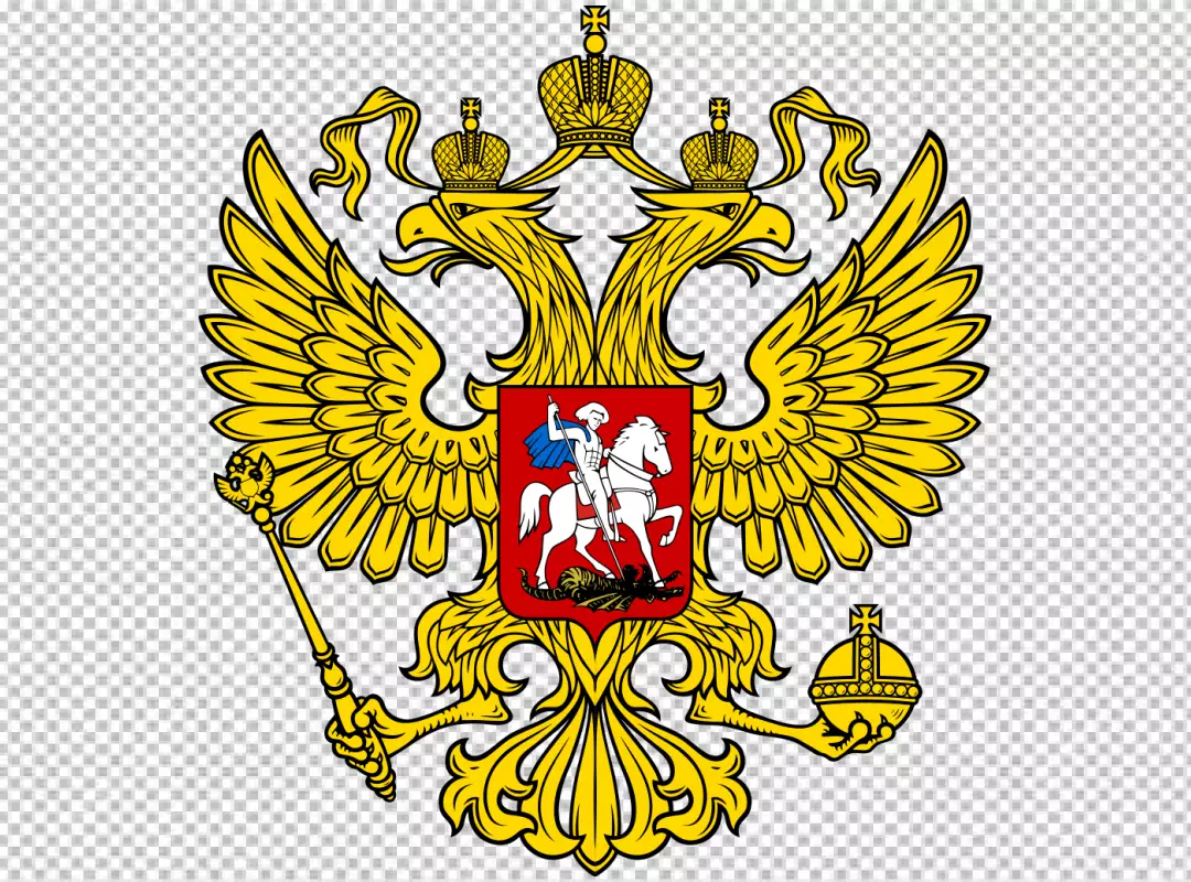 Free Premium PNG Coat of arms of Russia featuring a double-headed eagle with imperial crowns and a red shield