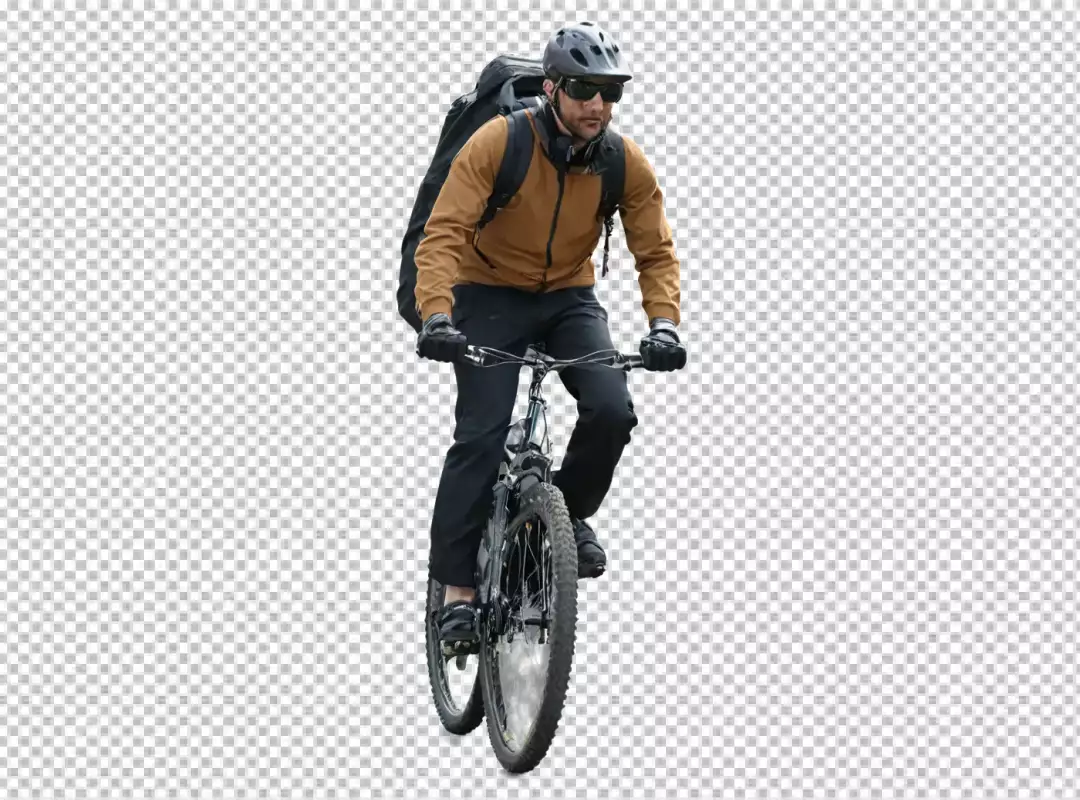 Determined Cyclist Riding Mountain Bike with Protective Gear and Backpack