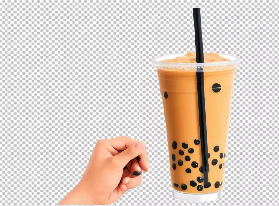 Hand holding refreshing bubble tea drink with tapioca pearls on transparent background