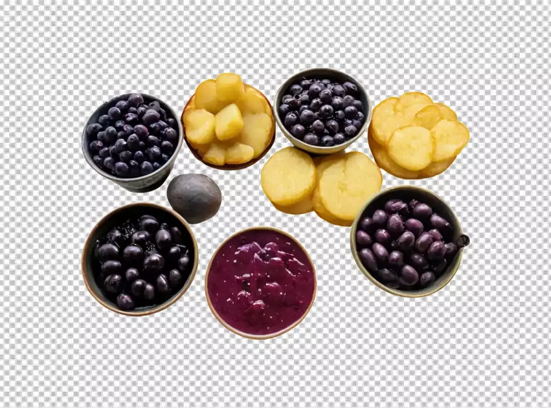 Vibrant Assortment of Fresh Purple Berries, Exotic Fruit Slices, and Delicious Puree