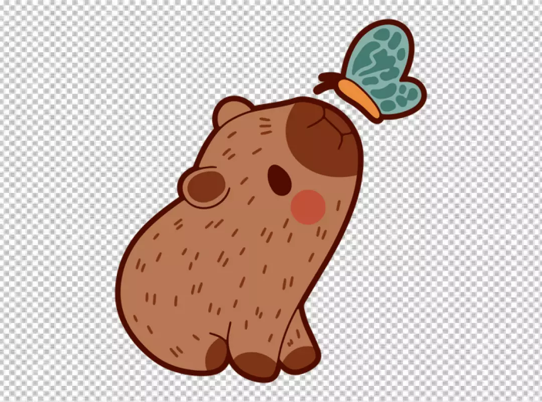 Adorable illustrated capybara observing a whimsical butterfly, cute animal art