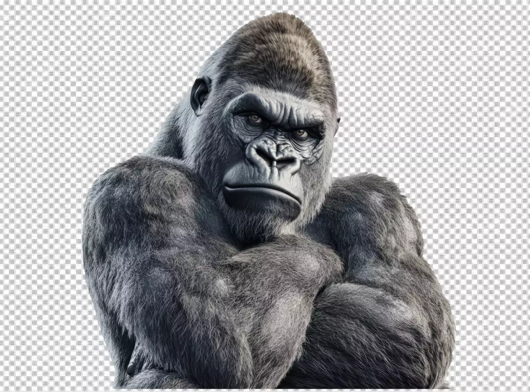 Powerful Gorilla Staring with Crossed Arms - Majestic Primate PNG Cutout