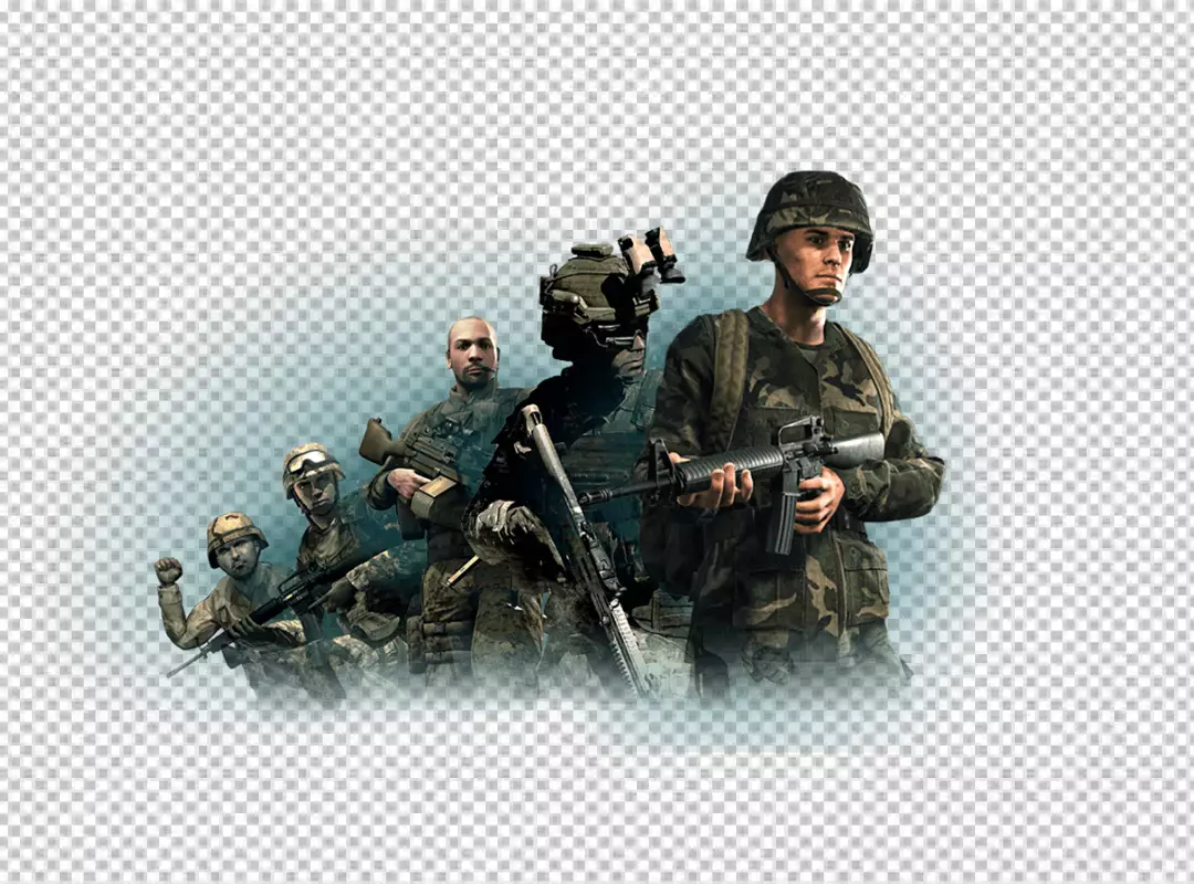 Five Armed Military Soldiers in Camouflage Uniforms Standing Ready for Combat