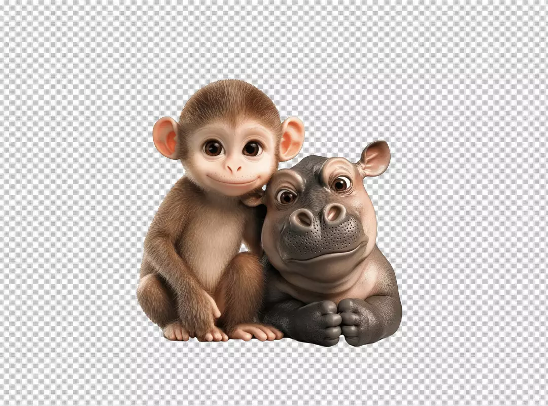 Adorable 3D Baby Monkey and Hippo Cuddling Cute Animal Friends