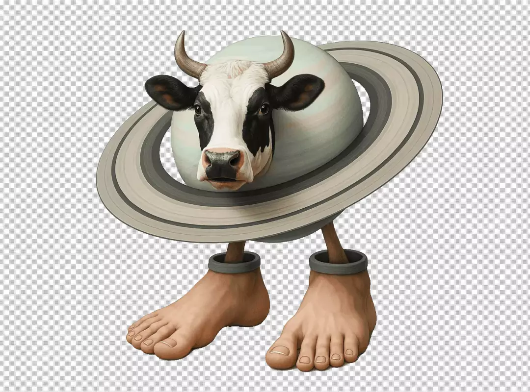 Surreal Cow Head on Saturn-like Planet with Human Feet, Whimsical Hybrid Concept