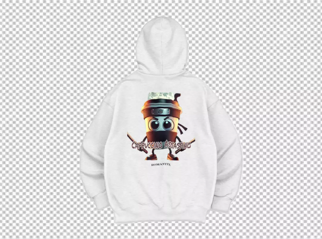 Playful Cappuccino Assassin Coffee Cup Ninja Graphic on White Hoodie