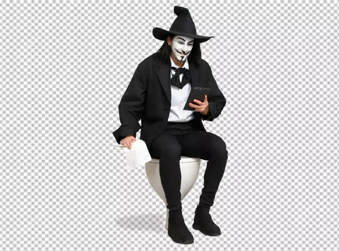Mysterious Masked Figure in Witch Hat Using Tablet on a Toilet