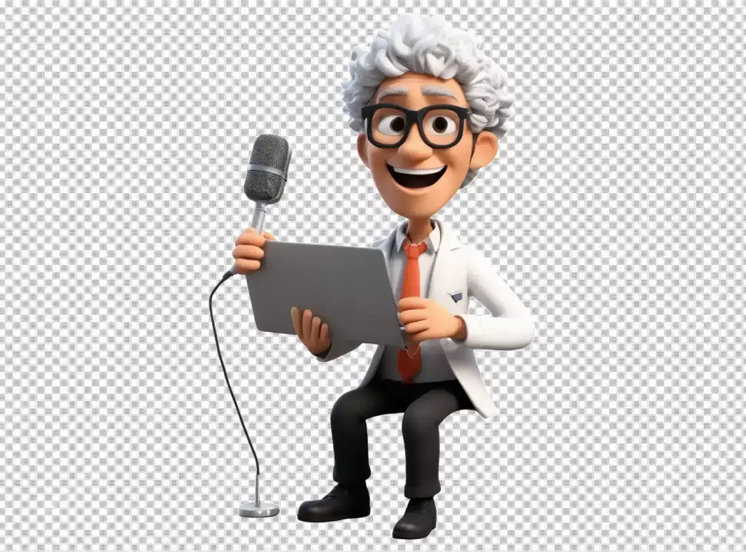 Cheerful 3D Animated Scientist Explaining Concepts with Microphone and Digital Tablet