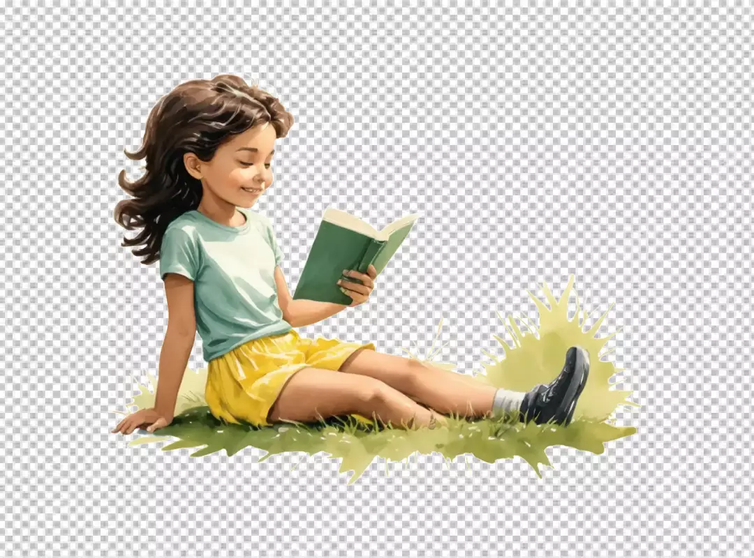 Happy Girl in Yellow Shorts Engrossed in Green Book on Lush Grass