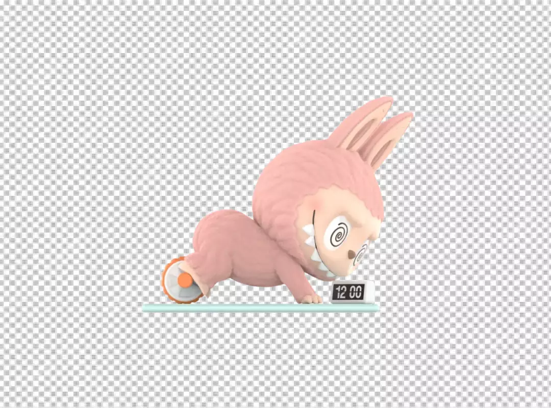 Mischievous Pink Bunny-like Monster Peeking at a Digital Timepiece