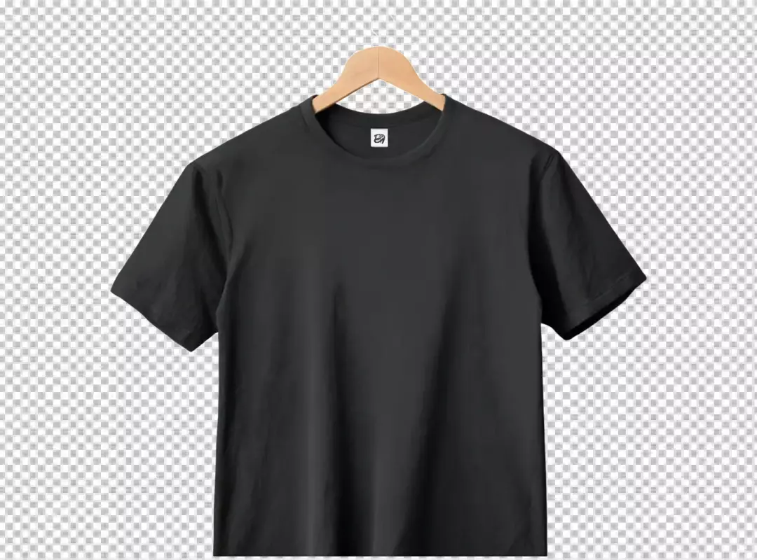 Classic Blank Black T-Shirt Mockup on Wooden Hanger Isolated for Apparel Design