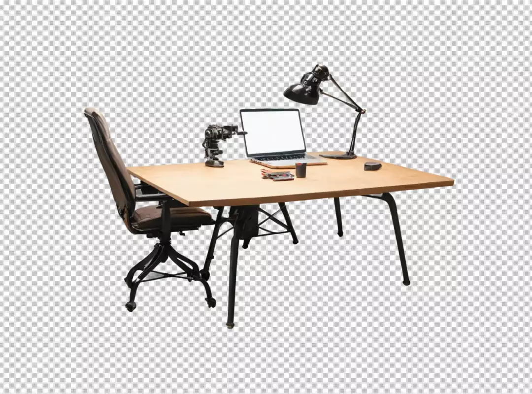 Industrial Style Wooden Desk with Modern Office Equipment and Camera Setup