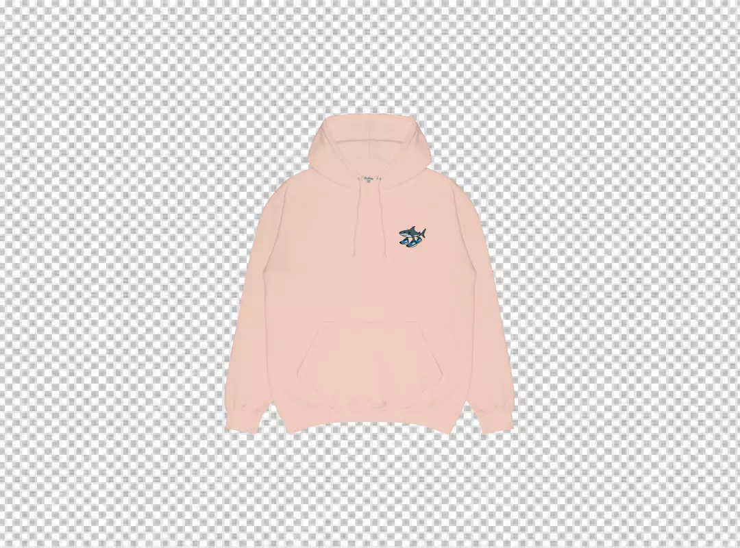 Light Pink Hoodie with Playful Cartoon Shark Wearing Blue Sneakers Design