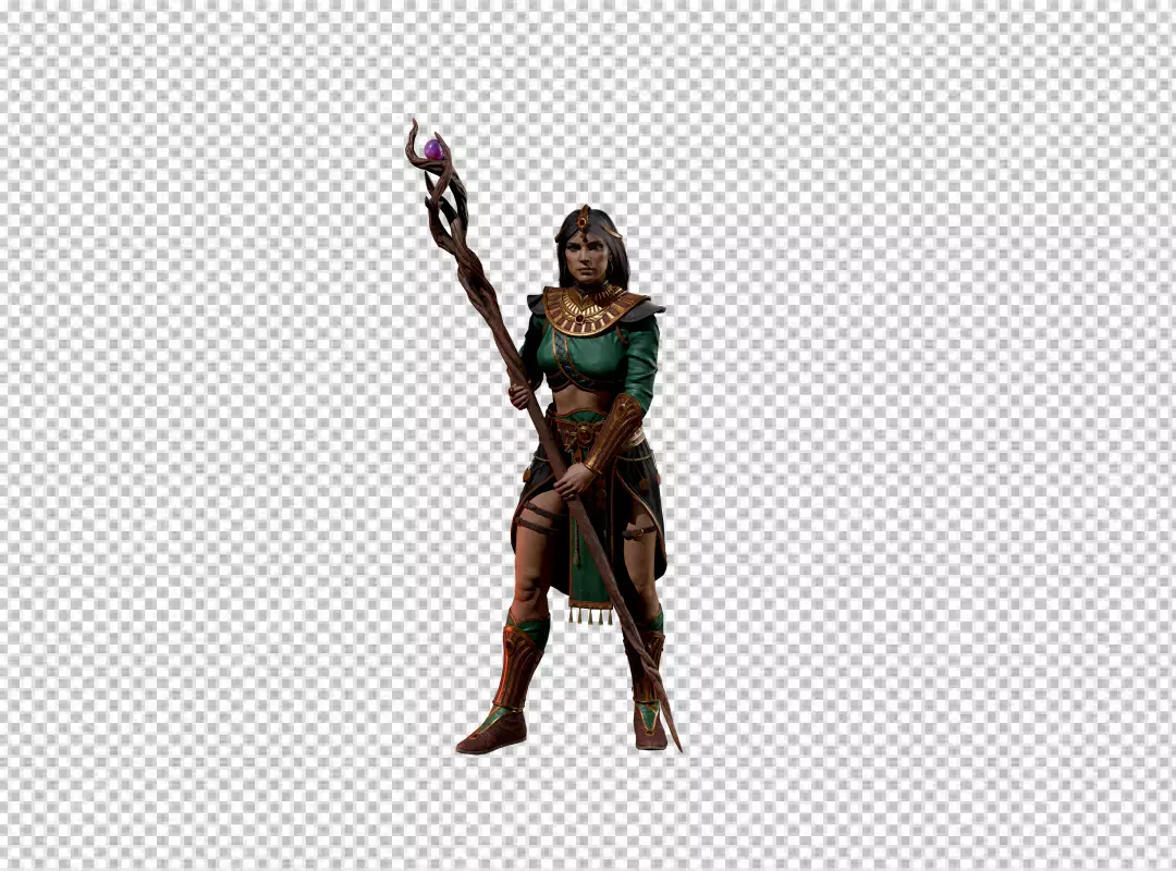 Mystical Enchantress in Emerald and Gold Attire with Magic Staff