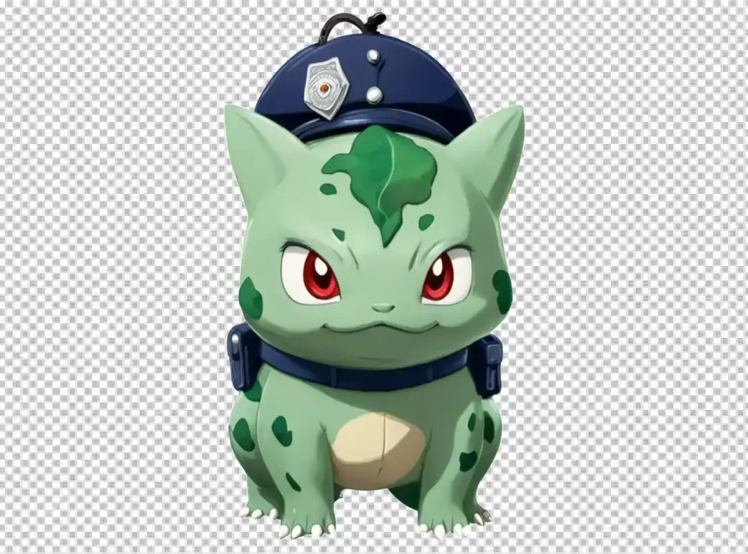 Adorable Green Bulbasaur-like Character Wearing Police Officer Uniform and Hat