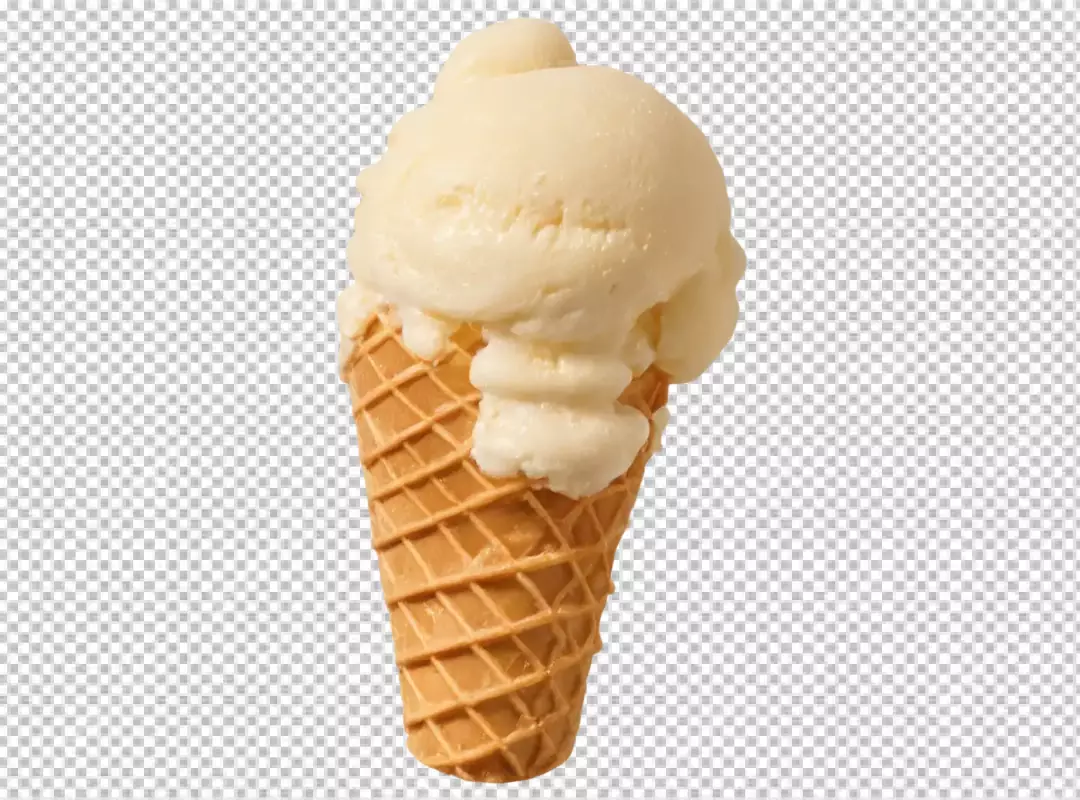 Classic Vanilla Ice Cream Scoop Melting in a Crispy Waffle Cone on White