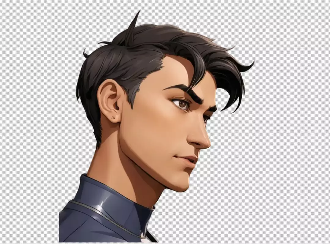 Stylized portrait of a handsome animated man with dark hair in a thoughtful profile