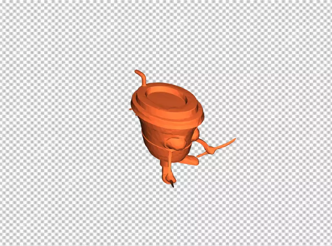Dynamic 3D Rendered Orange Coffee Cup Character with Dual Blades