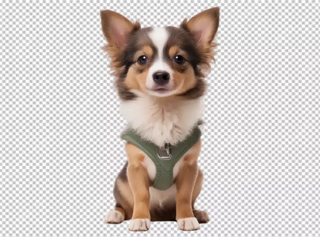 Adorable fluffy puppy in green harness sits patiently looking at camera with charming expression