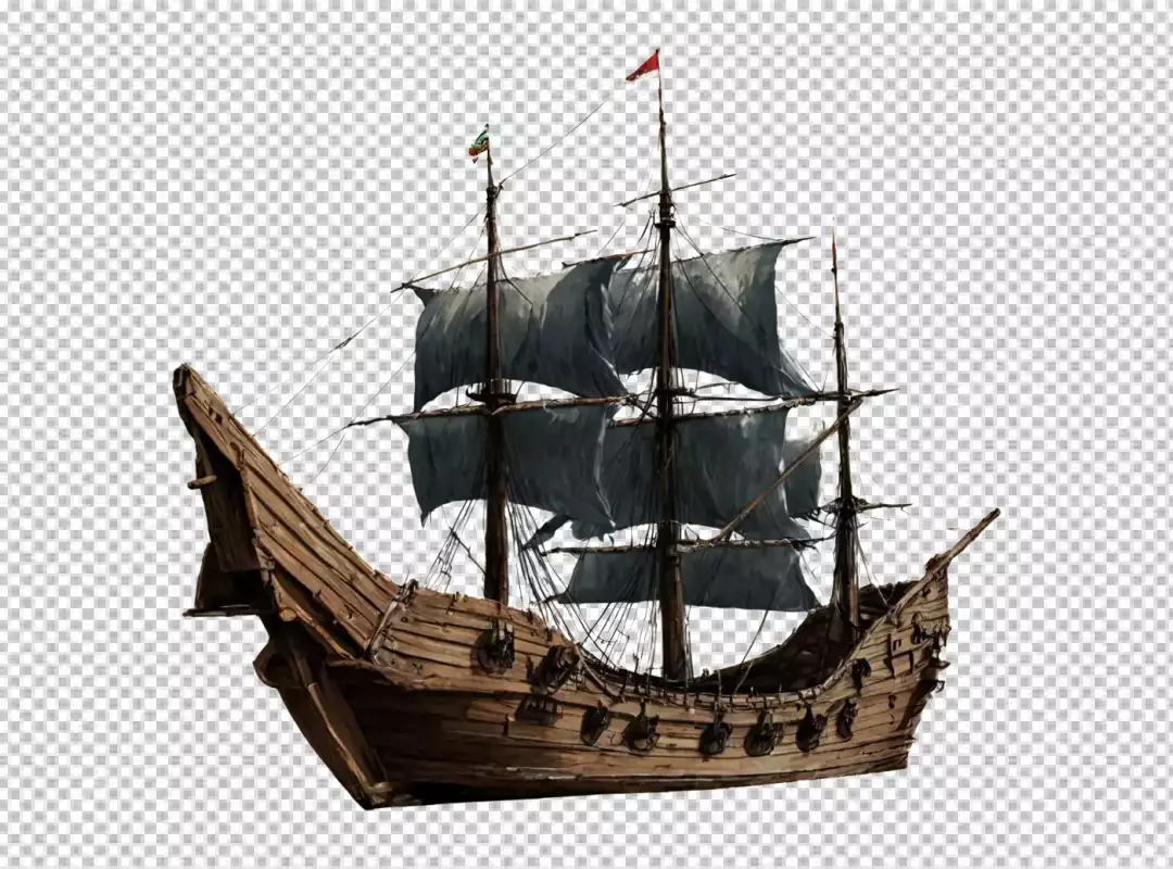 Vintage Wooden Galleon Ship with Dark Sails on Transparent Background