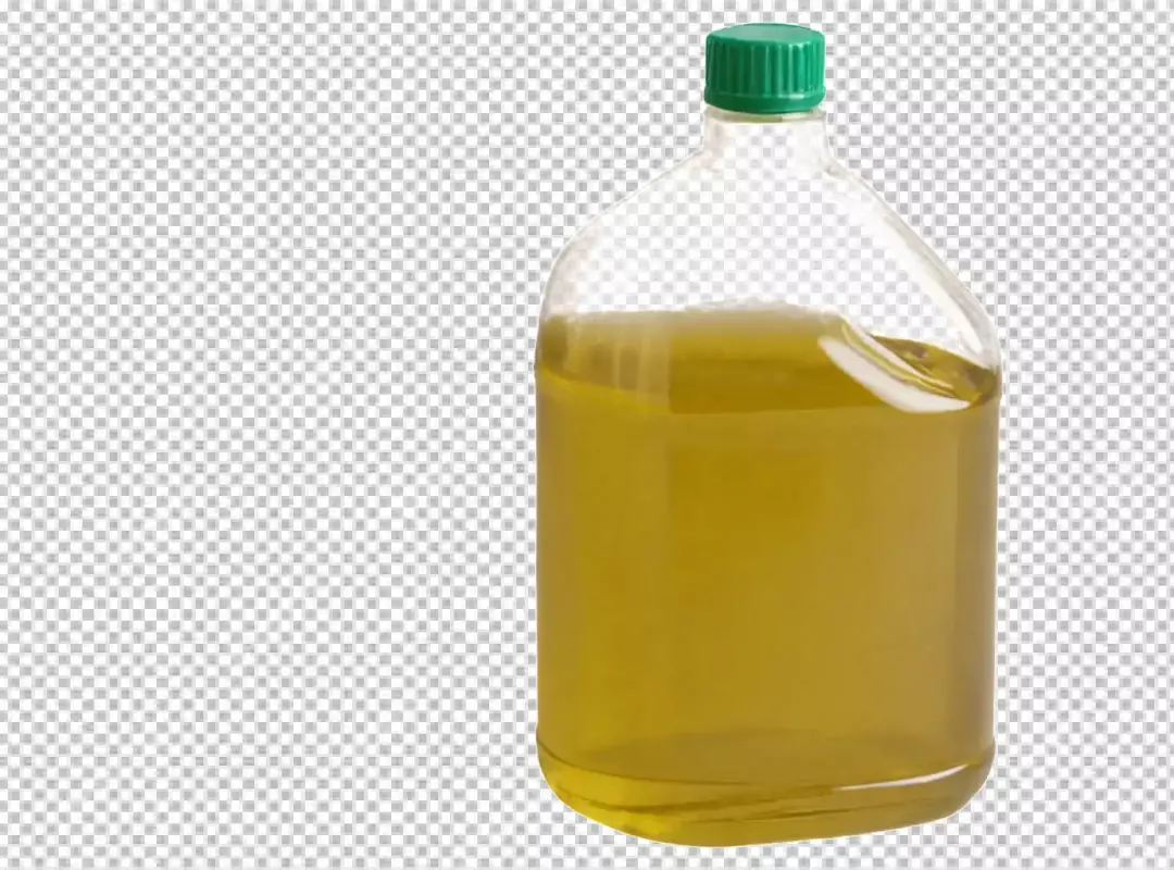 Clear Plastic Bottle with Green Cap Filled with Golden Olive Oil on White Background