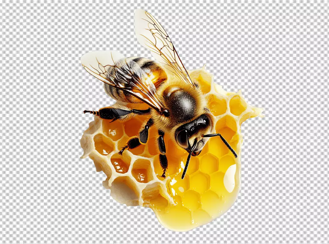 Macro Honeybee Perching on Golden Honeycomb with Dripping Honey PNG Image