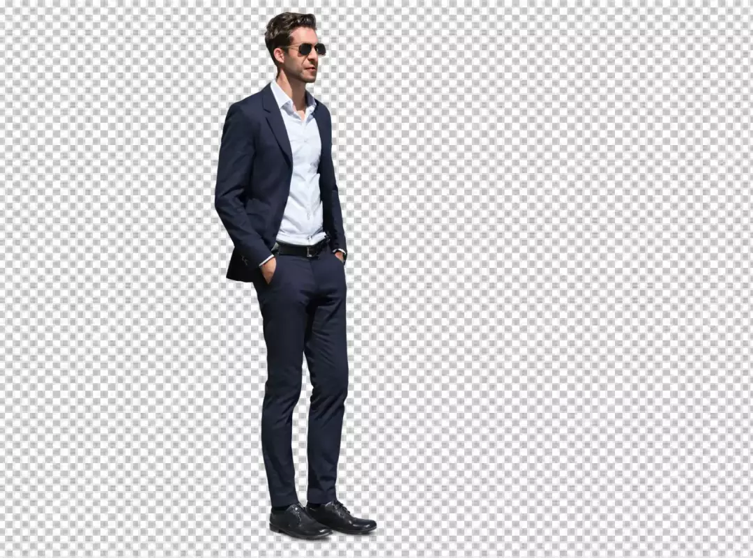 Confident Young Businessman in Navy Blue Suit and Sunglasses Standing Casually