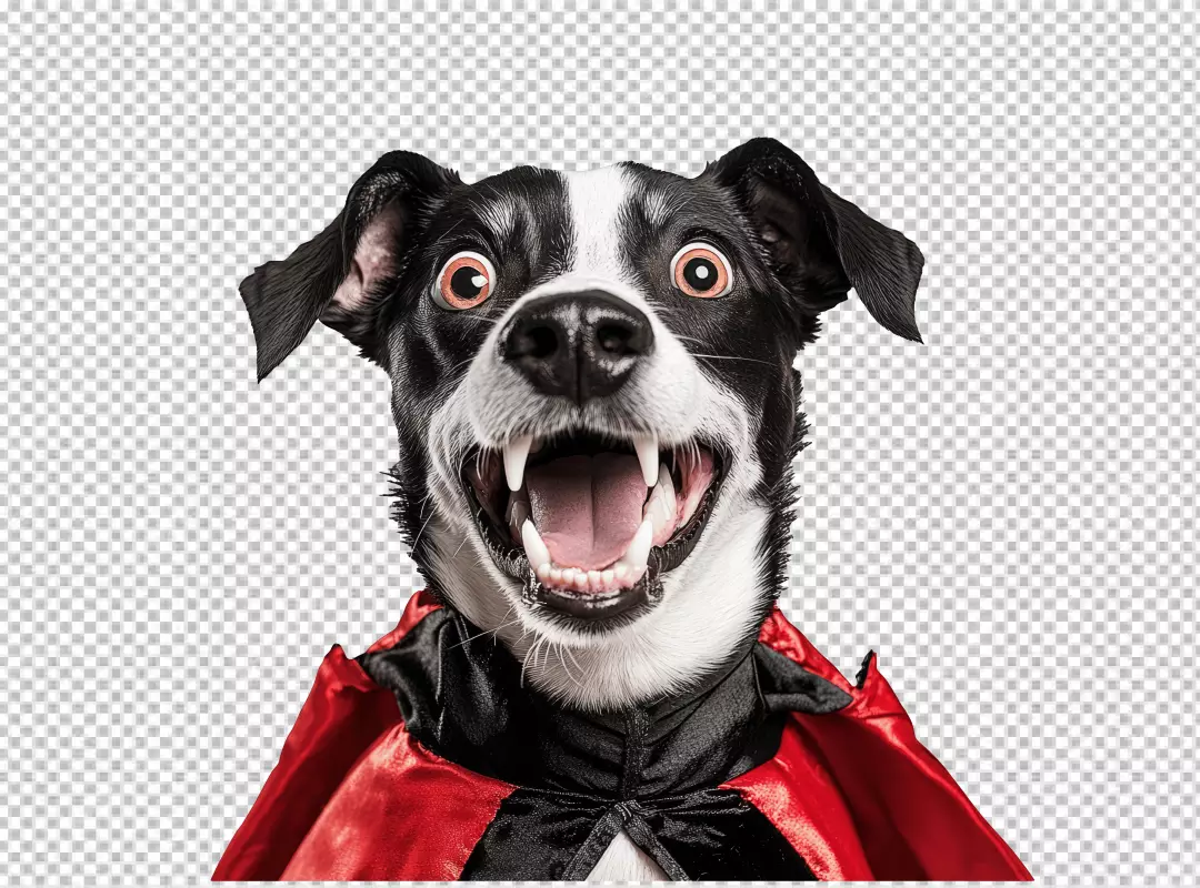 Funny Vampire Dog in Red Cape with Scary Fangs for Halloween PNG