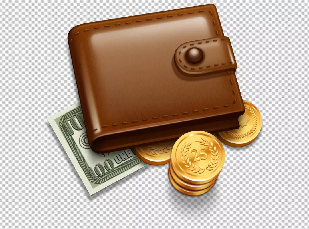 Brown Leather Wallet with Hundred Dollar Bill and Golden Coins Representing Financial Success and Savings