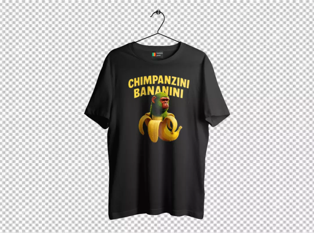 Humorous Monkey-Banana Hybrid Graphic Design on Black T-shirt with Playful Text