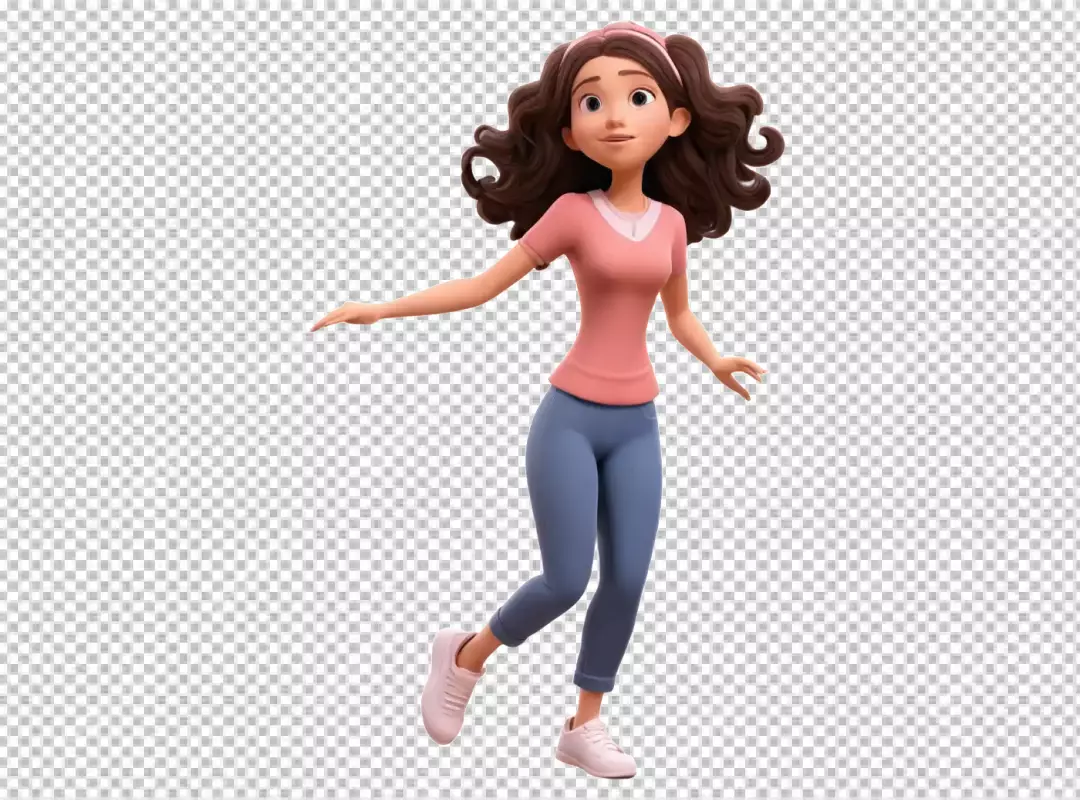 Charming 3D Animated Young Woman Character in Casual Attire and Dynamic Pose