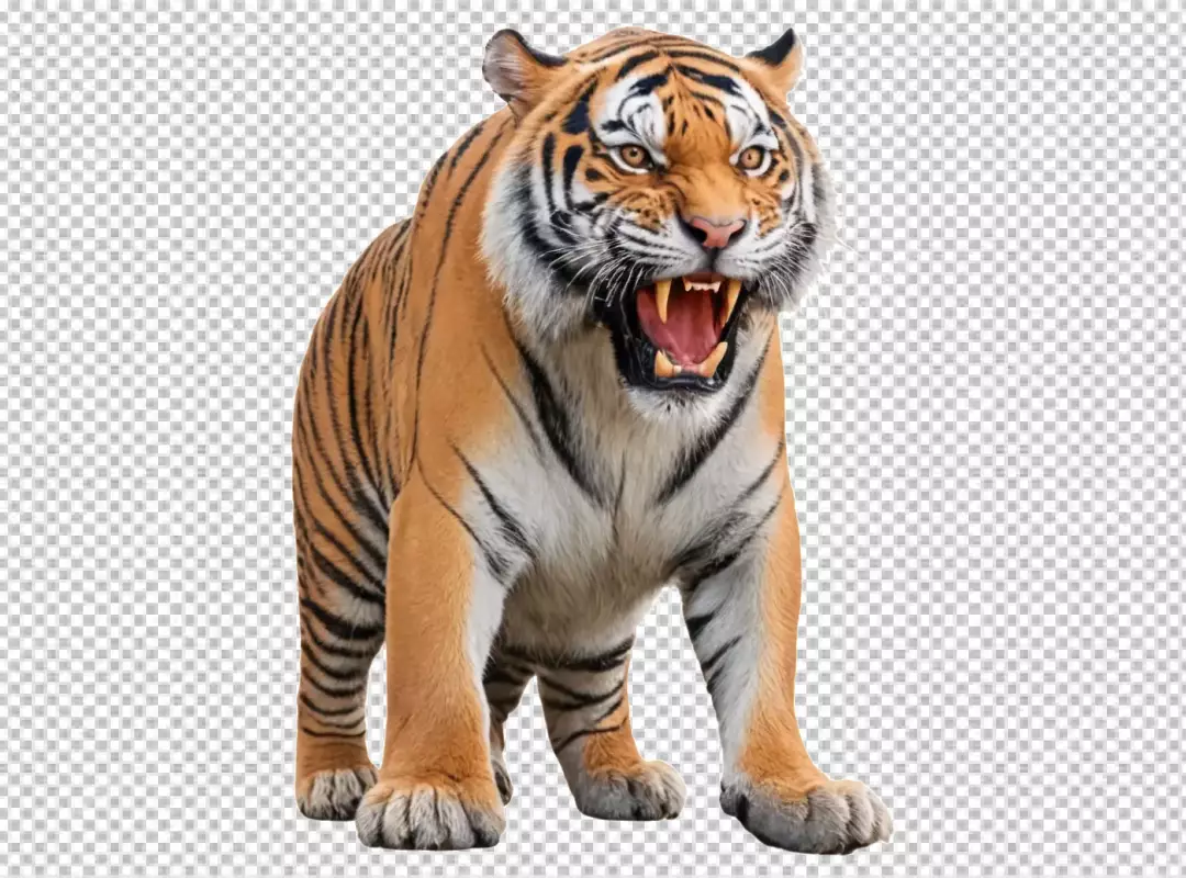 Fierce Bengal Tiger Snarling Aggressively with Open Mouth Isolated on White