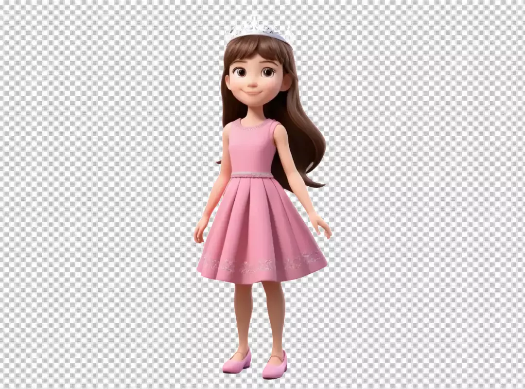 Smiling 3D Animated Girl in Pink Princess Dress with Crown