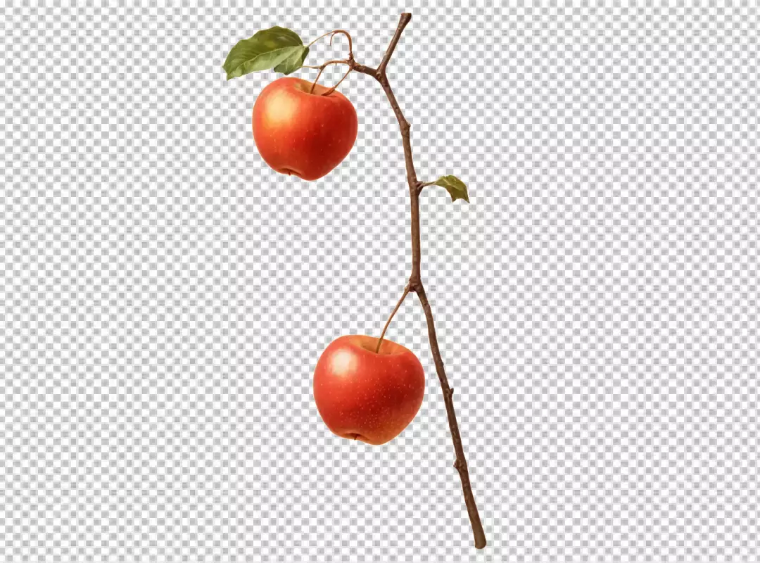 Two Ripe Red Apples Hanging from a Slender Branch with Green Leaves