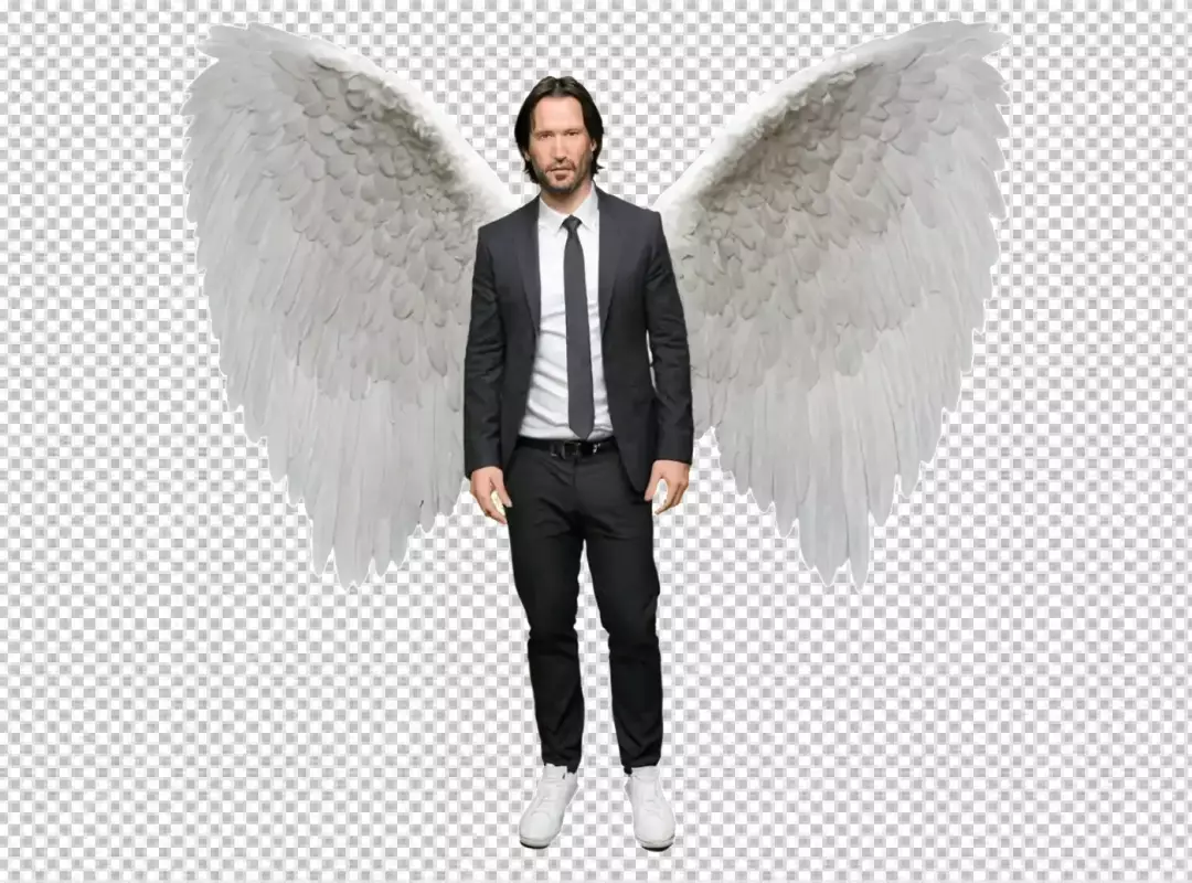 Keanu Reeves Look-alike in a Sleek Black Suit Adorned with Majestic Angel Wings