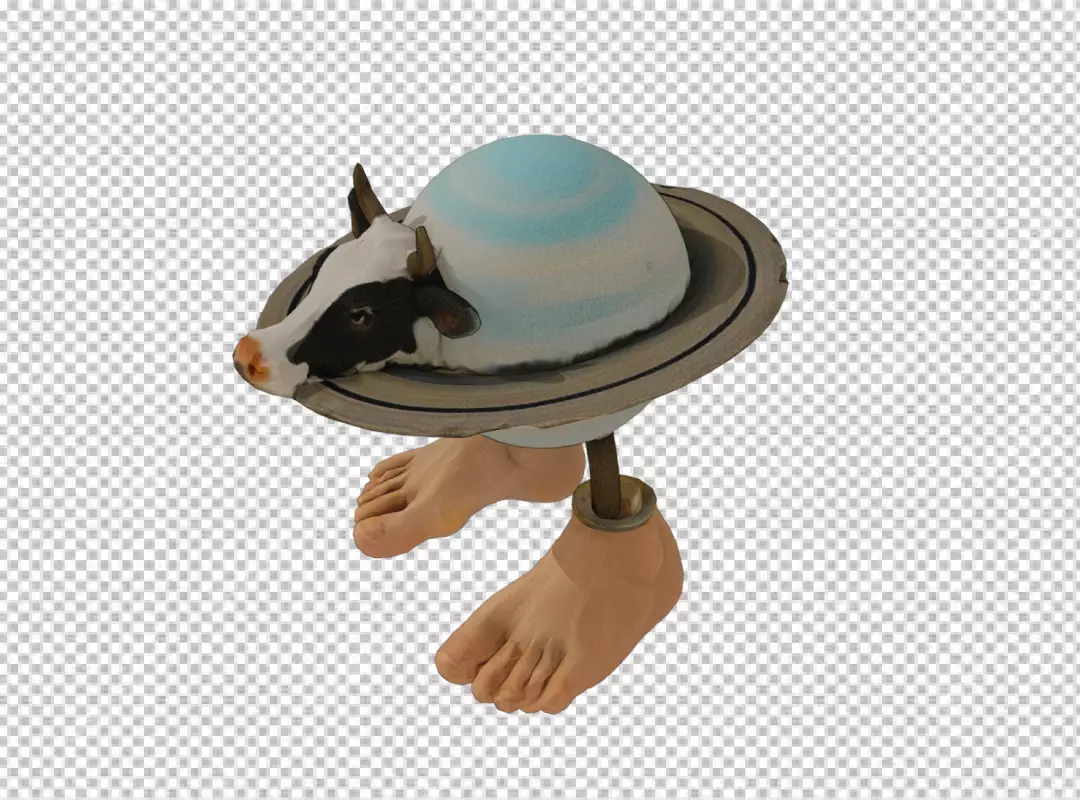 Whimsical Cow Headed Planet with Rings and Anthropomorphic Feet Fantasy Art
