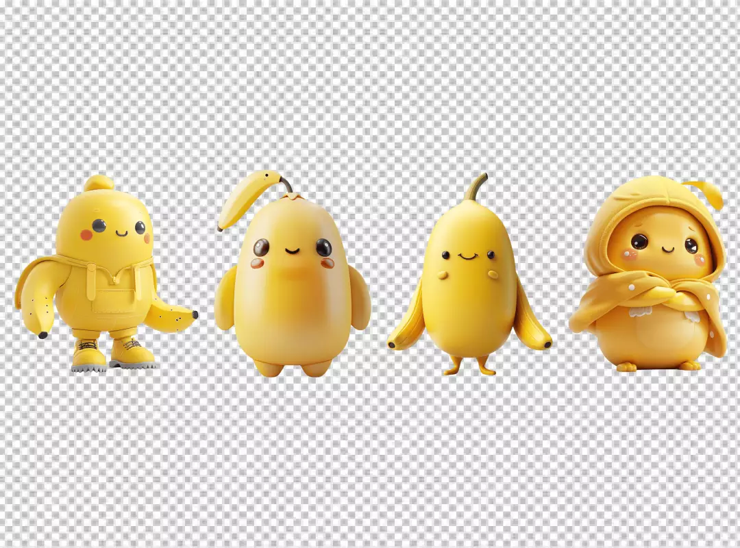 Collection of Adorable 3D Banana Characters with Playful Expressions