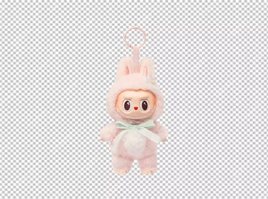 Fluffy Pink Monster Keychain in Bunny Suit with Daisy and Blue Ribbon