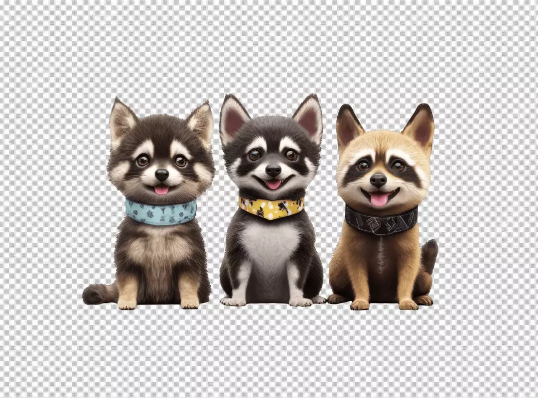 Adorable Fluffy Puppy Trio Sitting and Smiling with Colorful Bandanas