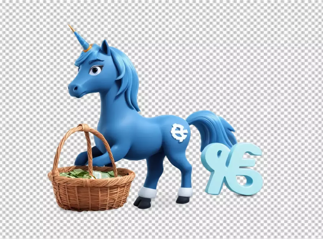 Whimsical 3D Blue Unicorn with Money Basket and Global Currency Exchange Symbol
