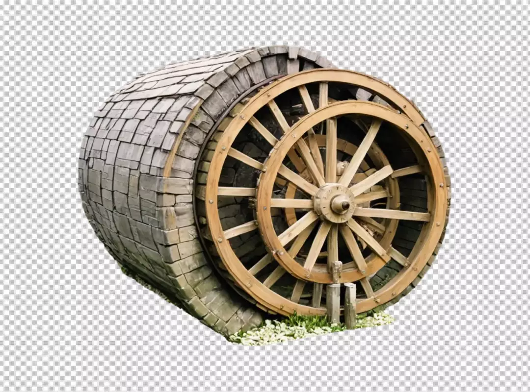 Vintage Wooden Water Wheel and Textured Stone Structure in Rustic Setting